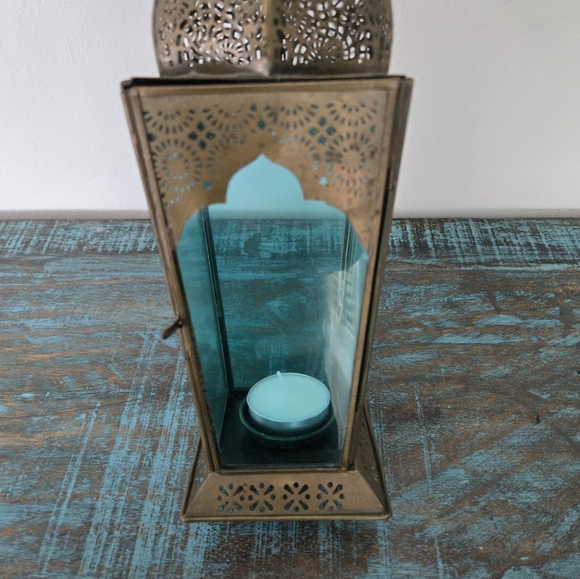 Moroccan Lantern Brass & Blue Glass Candle Holder Lamp - Picture 2 of 11